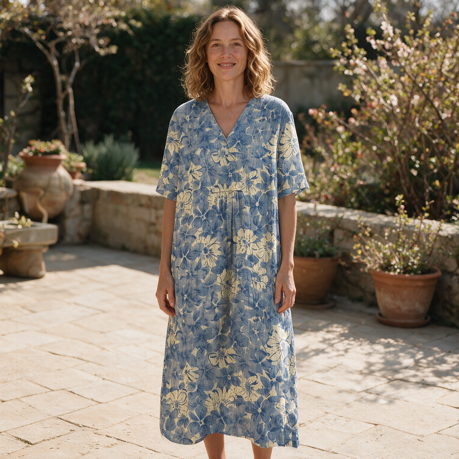 Lisou spring dress front view on garden terrace