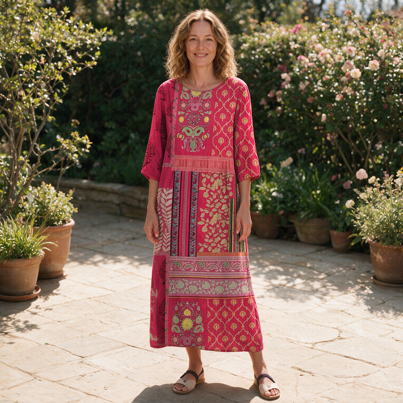 Willow spring dress front view on garden terrace