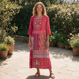 Willow spring dress front view on garden terrace