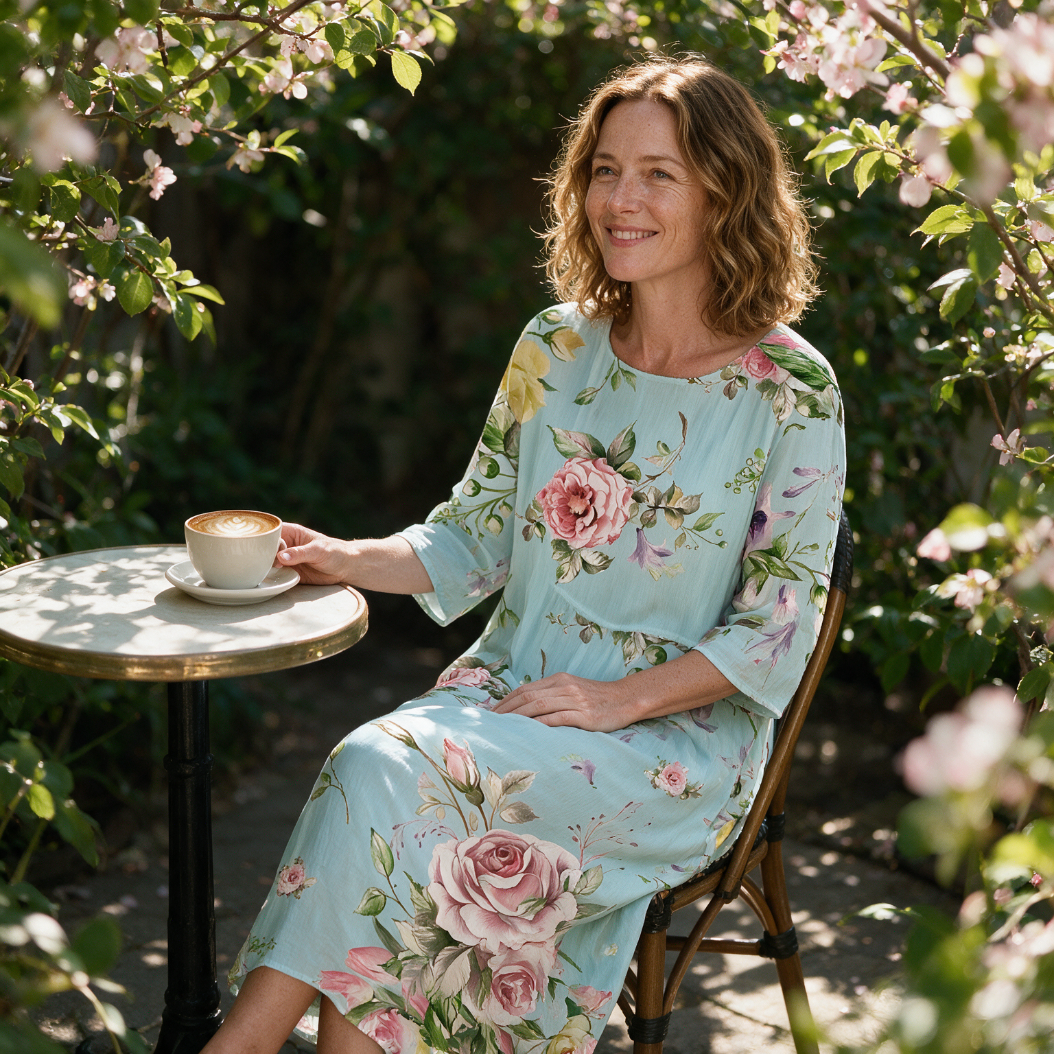 Shelley spring dress three quarter view at an outdoor cafe