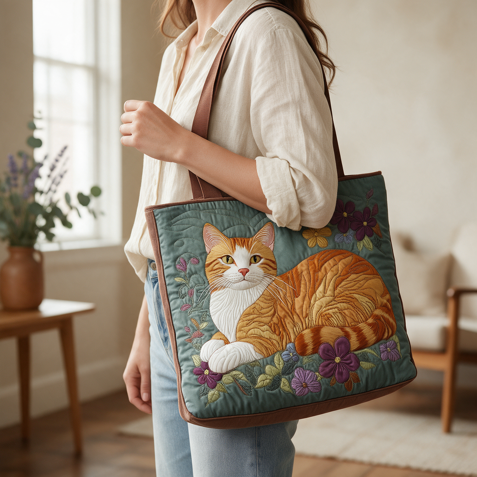 Olive quilted tote bag worn on the shoulder