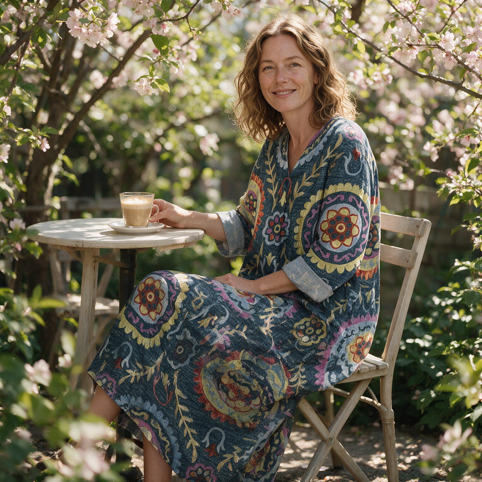 Cameline spring dress three quarter view at an outdoor cafe