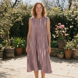 Georgie spring dress front view on garden terrace