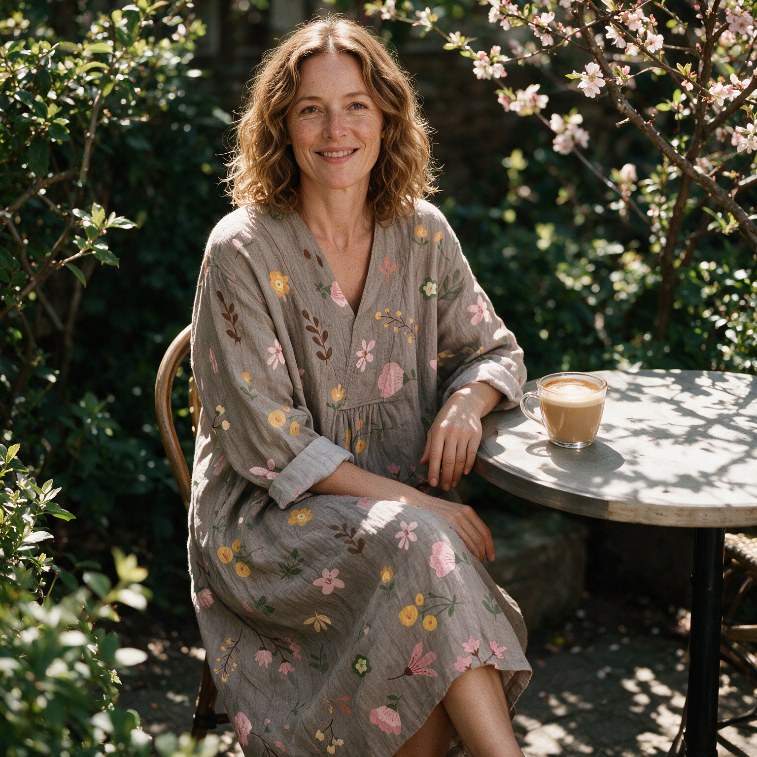 Gillian spring dress three quarter view at an outdoor cafe