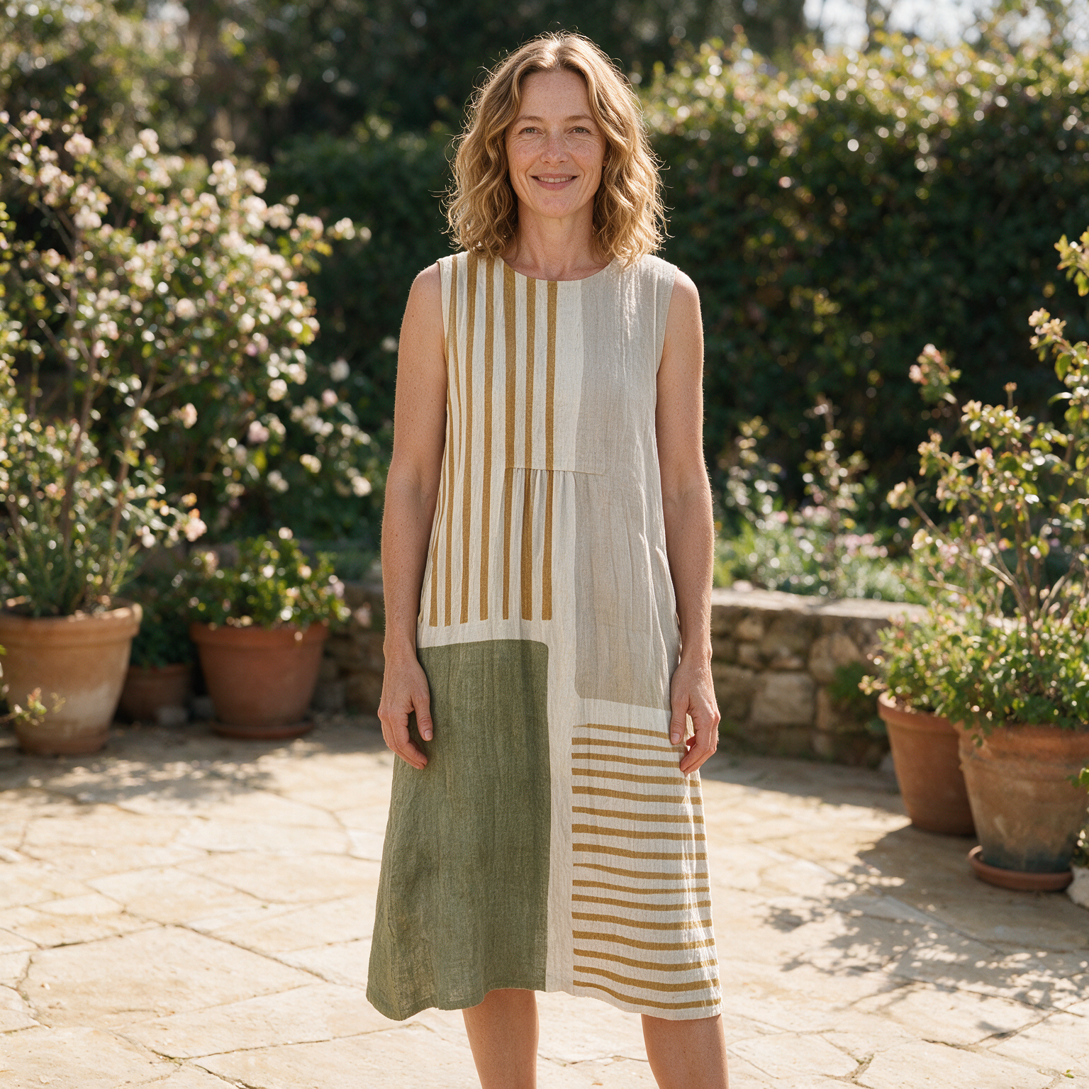 Sharyn spring dress front view on garden terrace