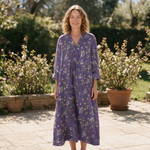 Michelle spring dress front view on garden terrace