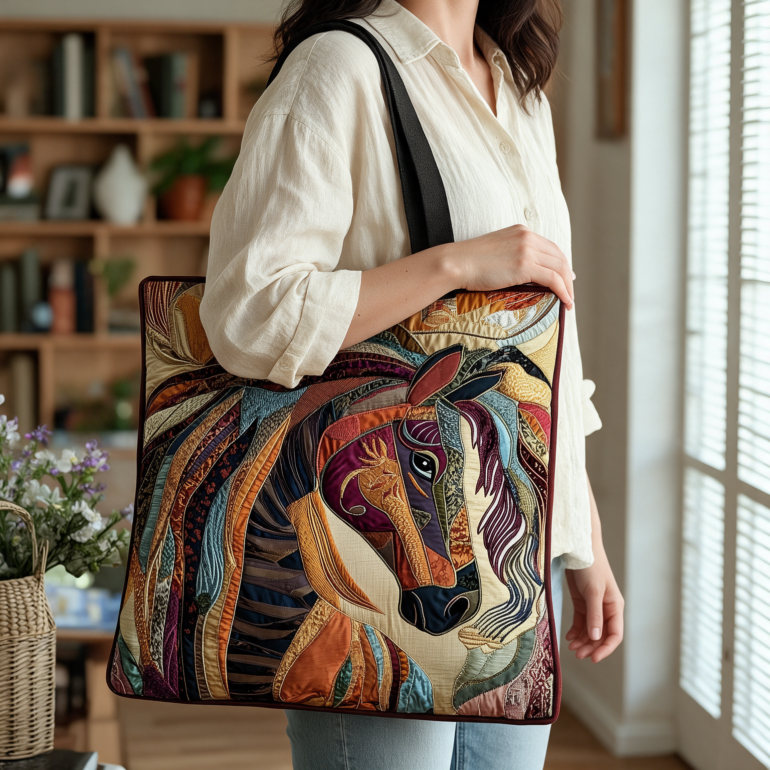 Maureen quilted tote bag worn on the shoulder