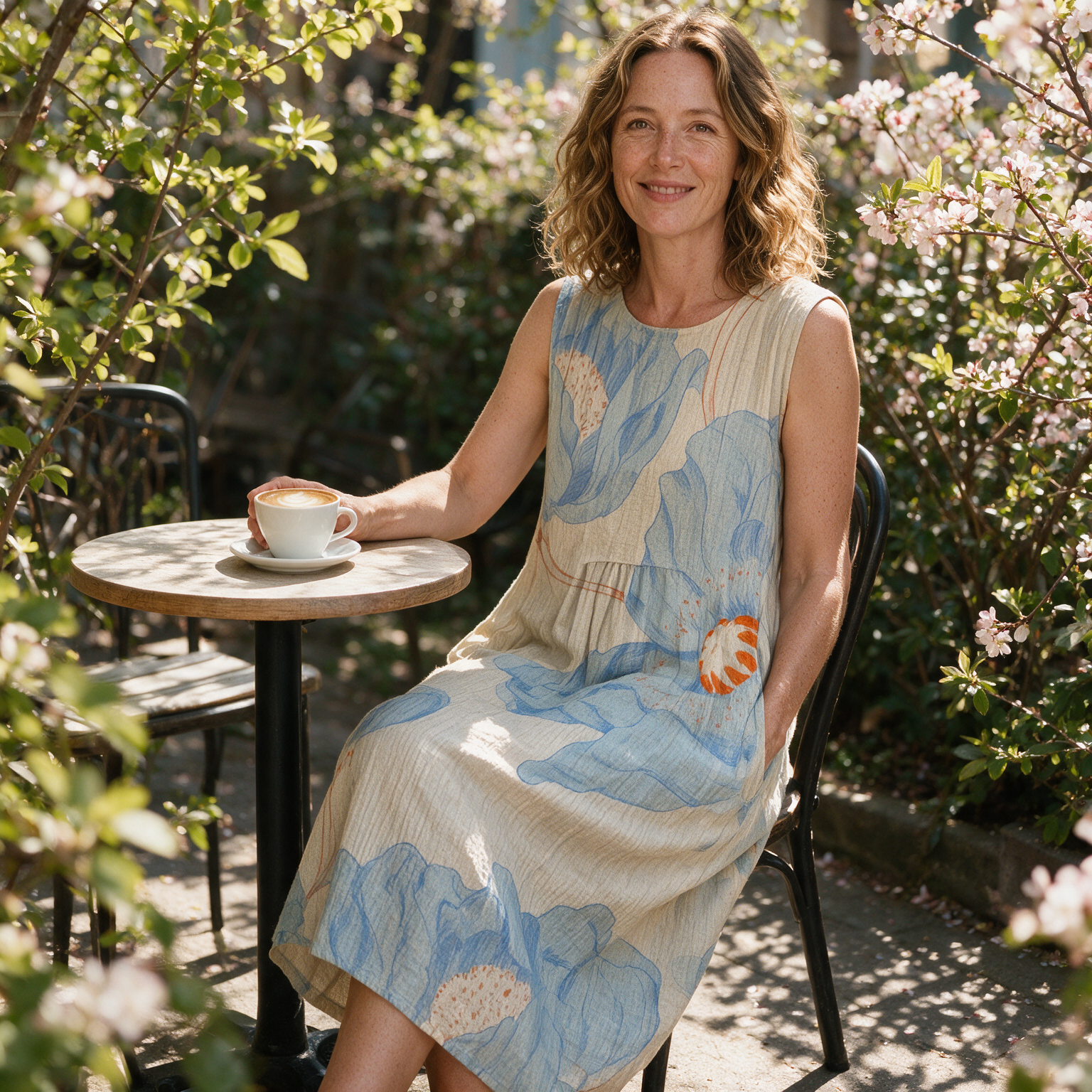 Miranda spring dress three quarter view at an outdoor cafe