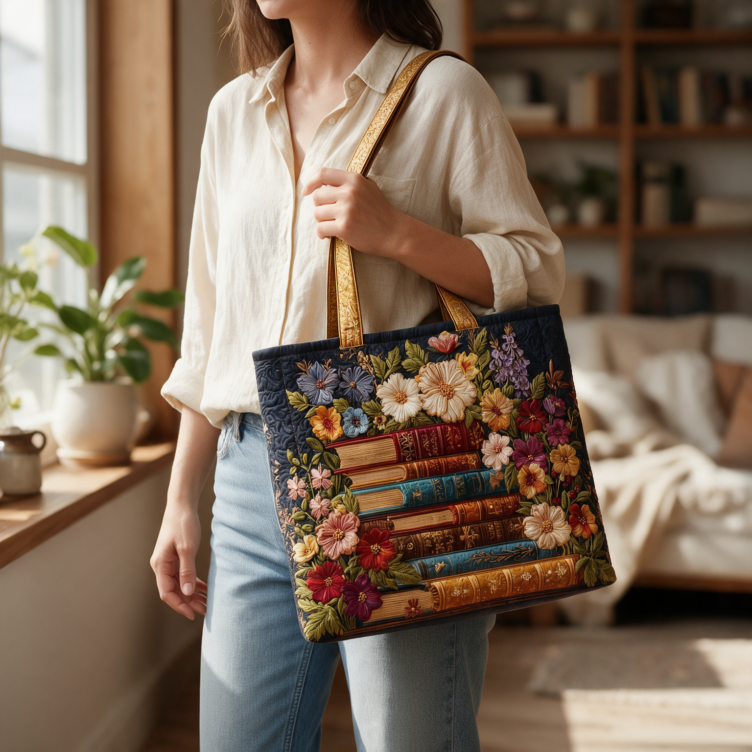 Lynette quilted tote bag worn on the shoulder