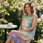Brooke spring dress three quarter view at an outdoor cafe