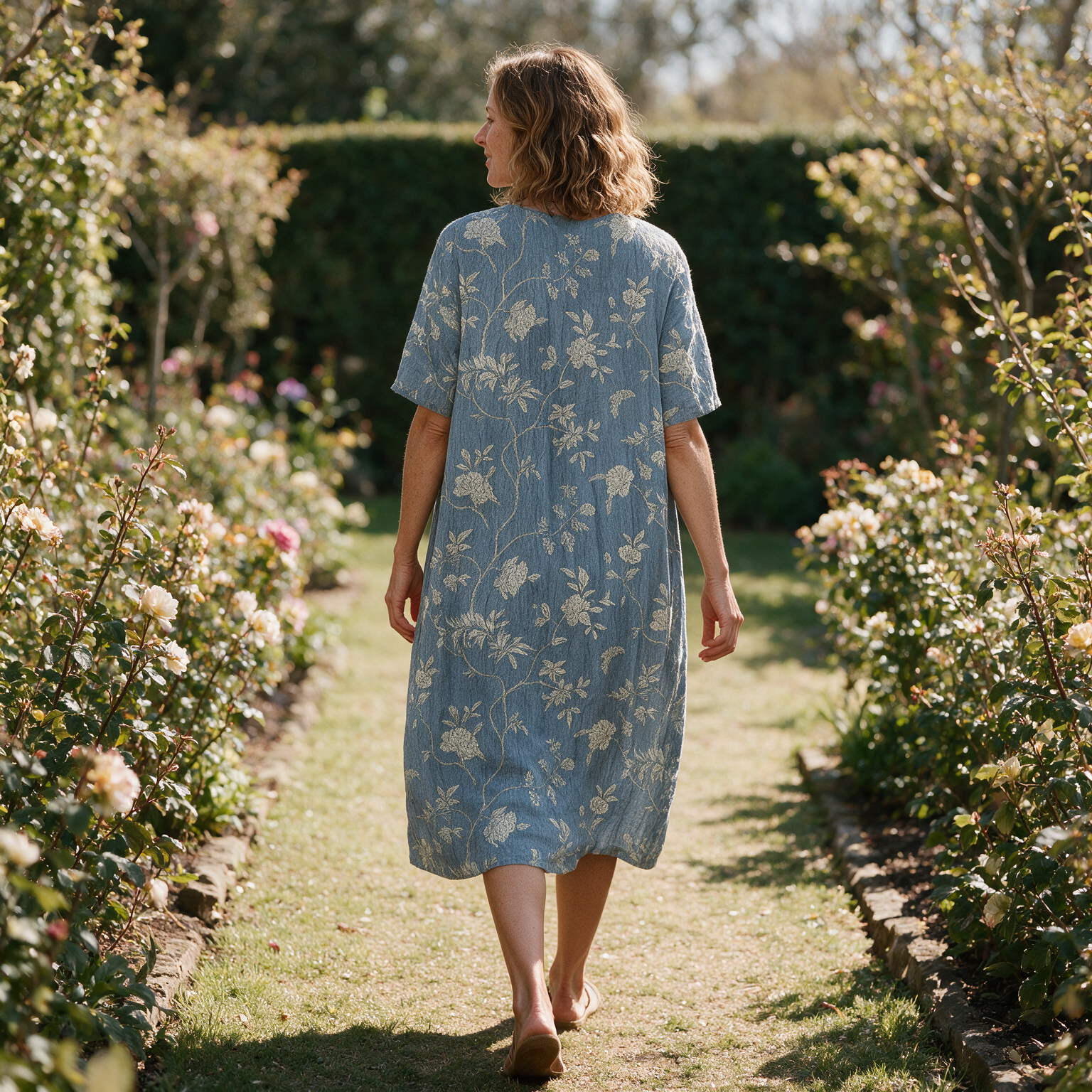 Frances spring dress back view on a garden path