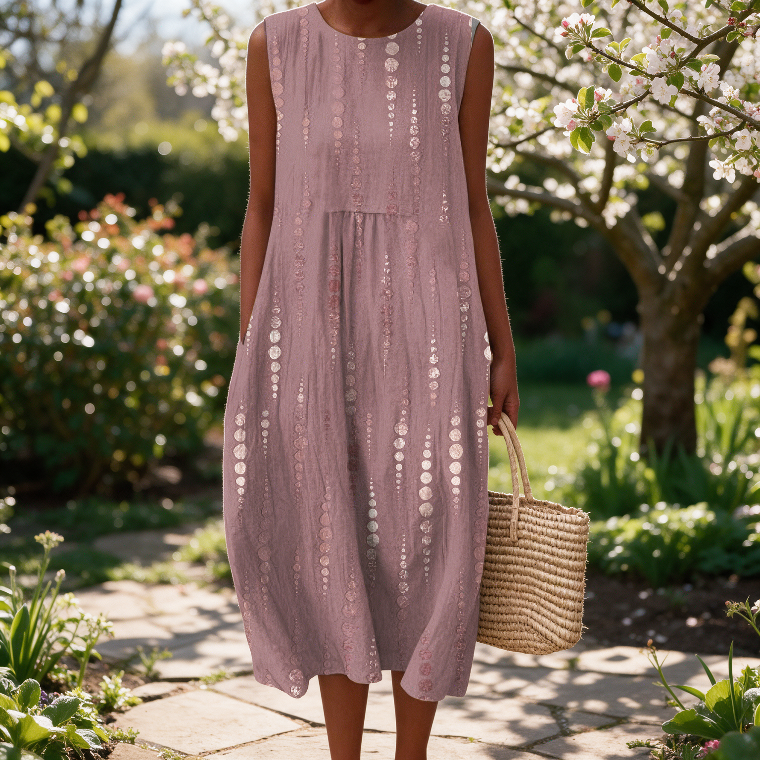 Georgie spring dress in a sunlit garden