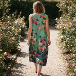 Gemma spring dress back view on a garden path