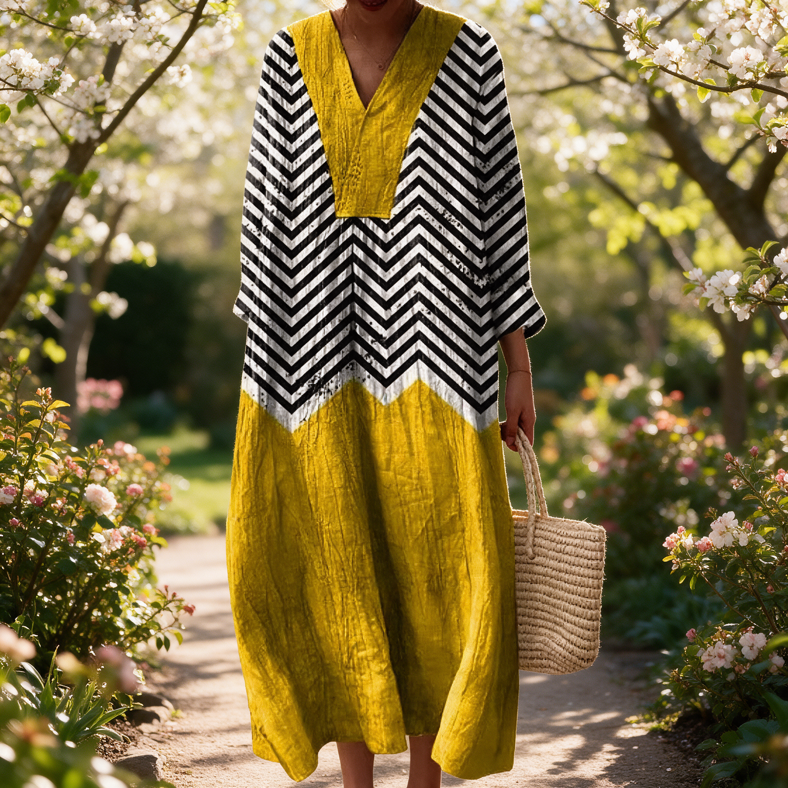 Matilda spring dress in a sunlit garden
