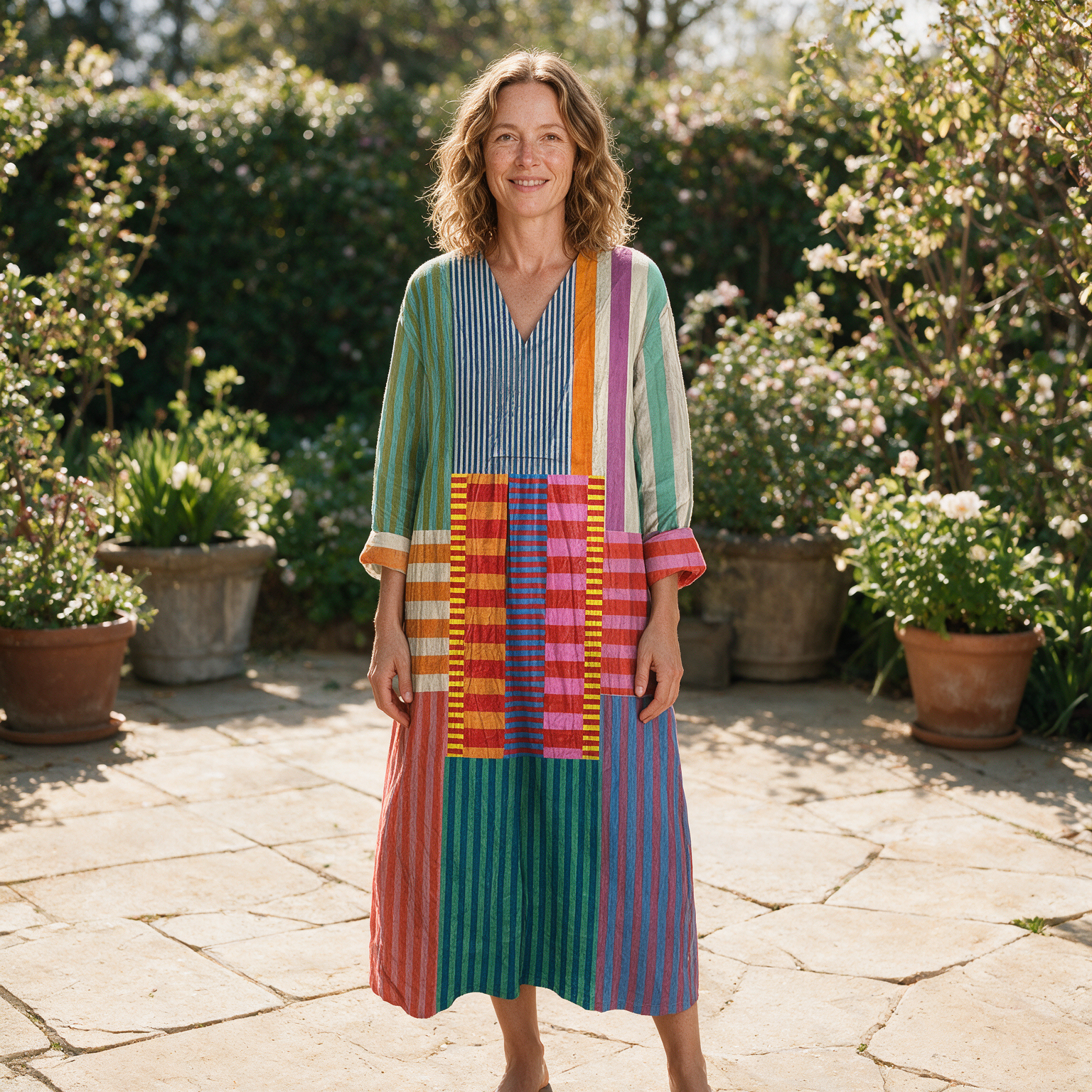 Hayley spring dress front view on garden terrace