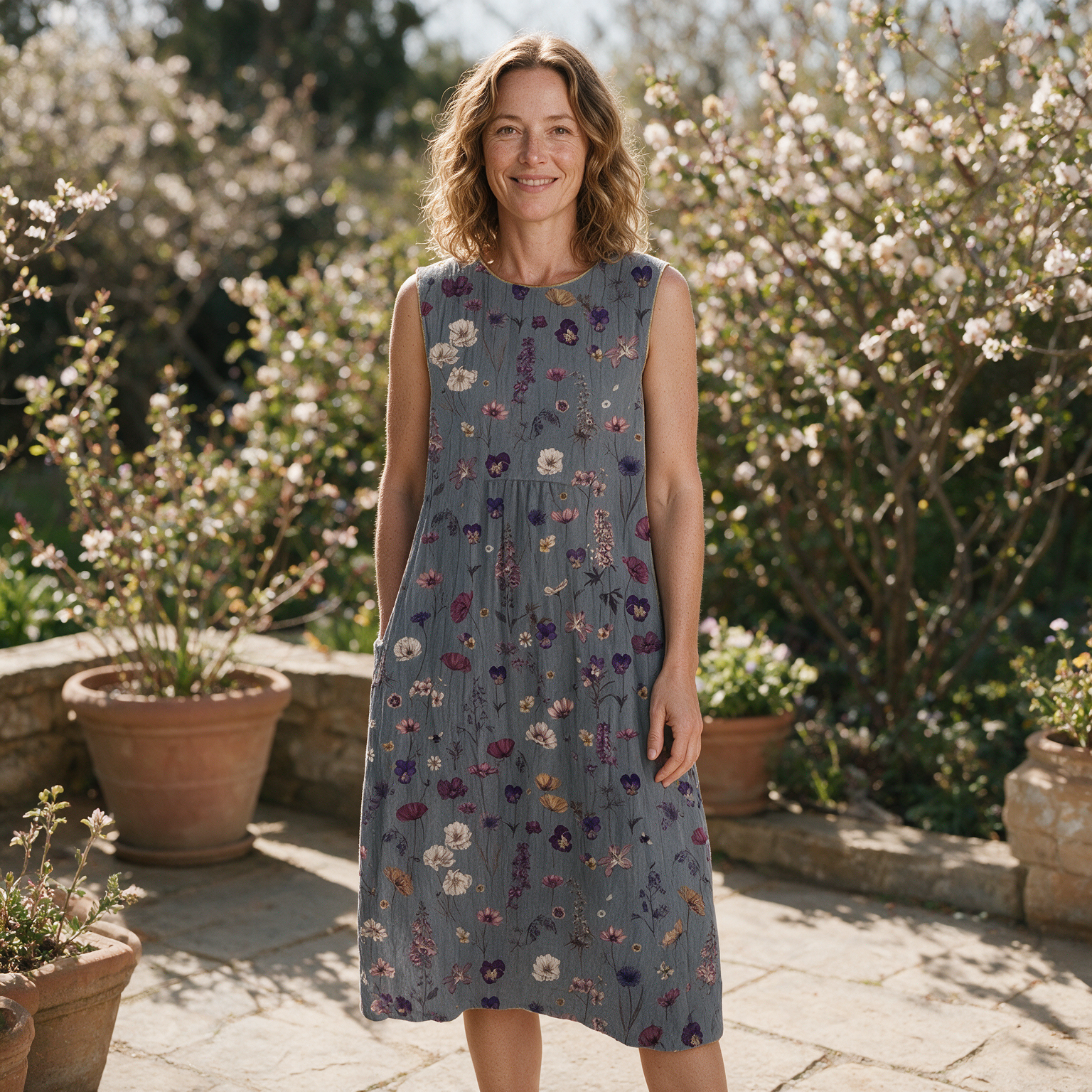 Merle spring dress front view on garden terrace