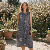 Merle spring dress front view on garden terrace