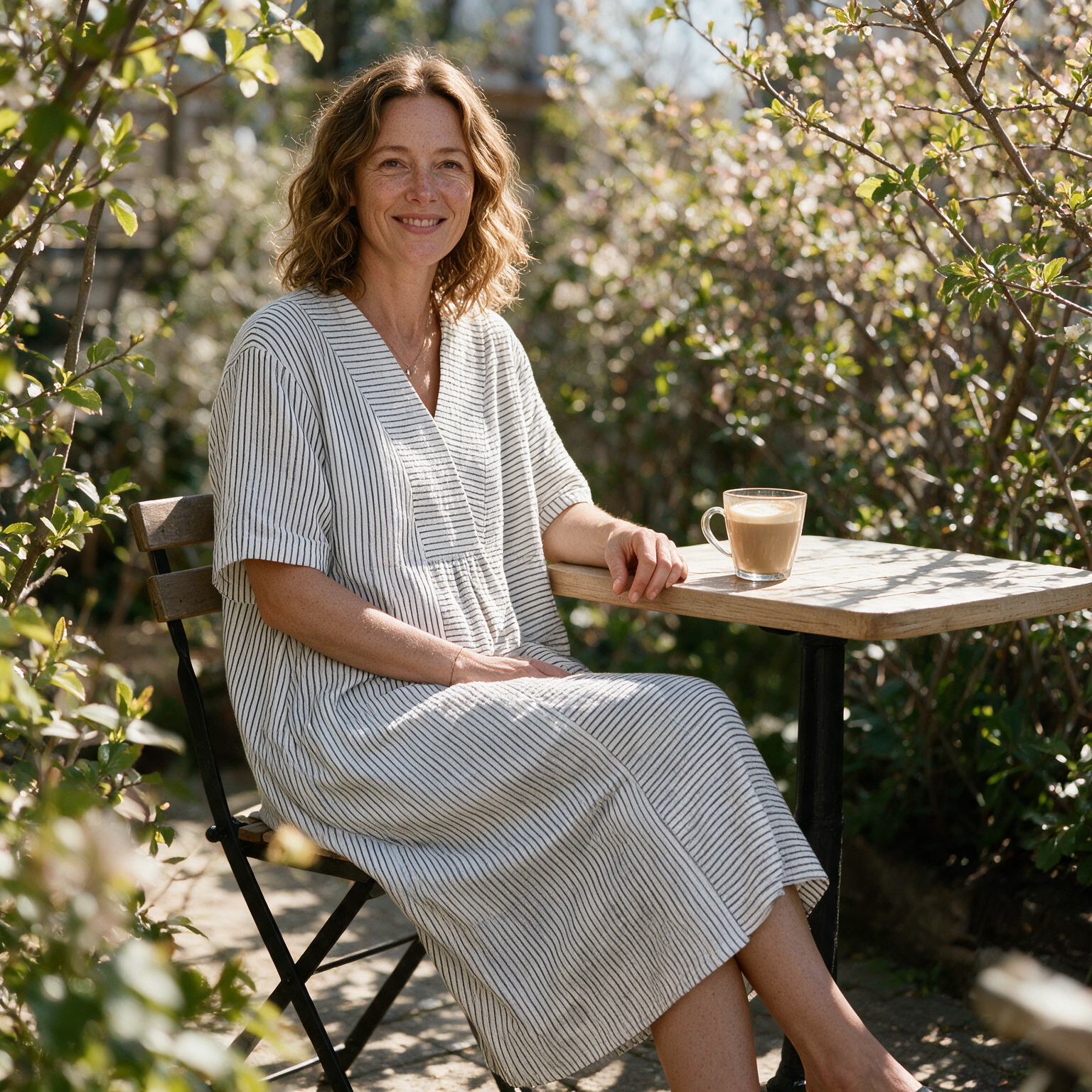 Robyn spring dress three quarter view at an outdoor cafe