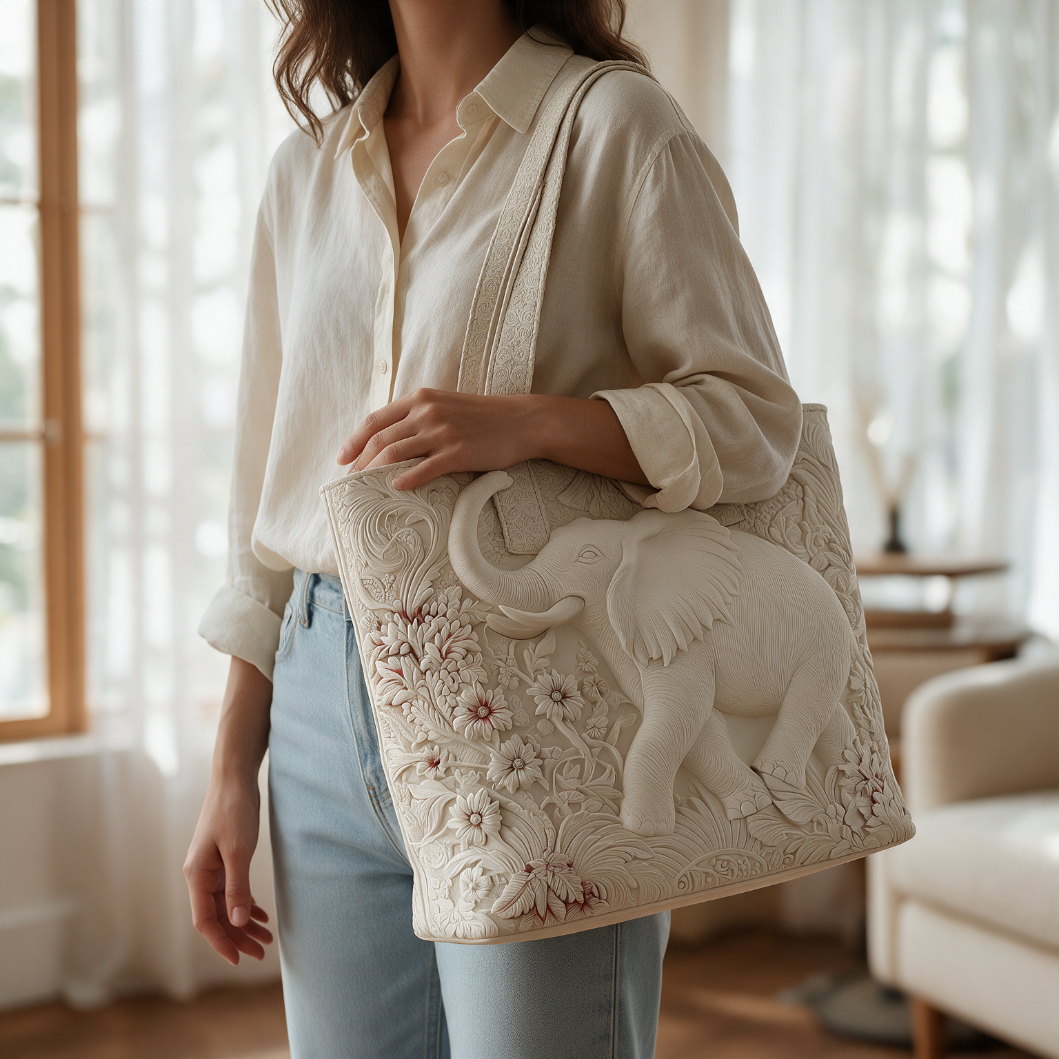 Ellen quilted tote bag worn on the shoulder