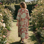 Kirstie spring dress back view on a garden path