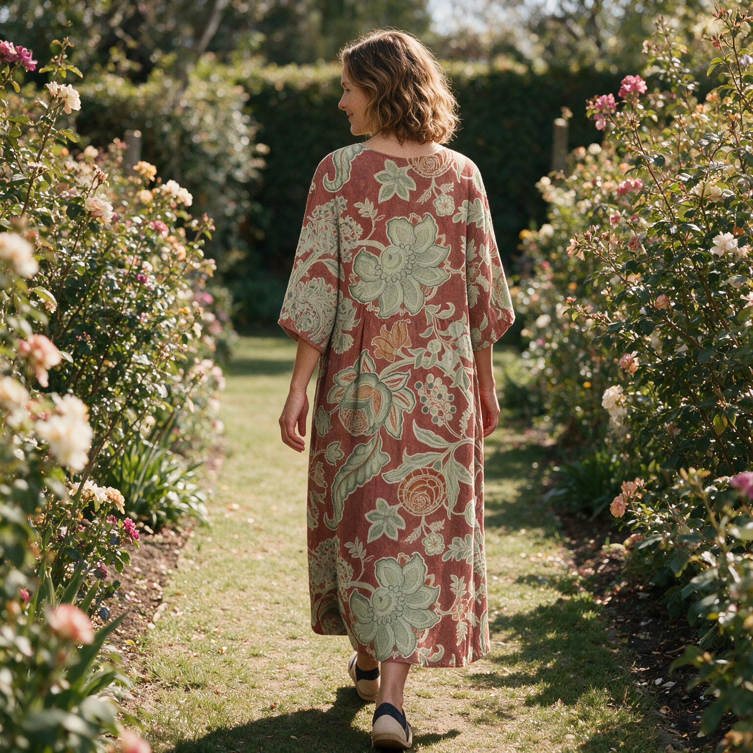 Kirstie spring dress back view on a garden path