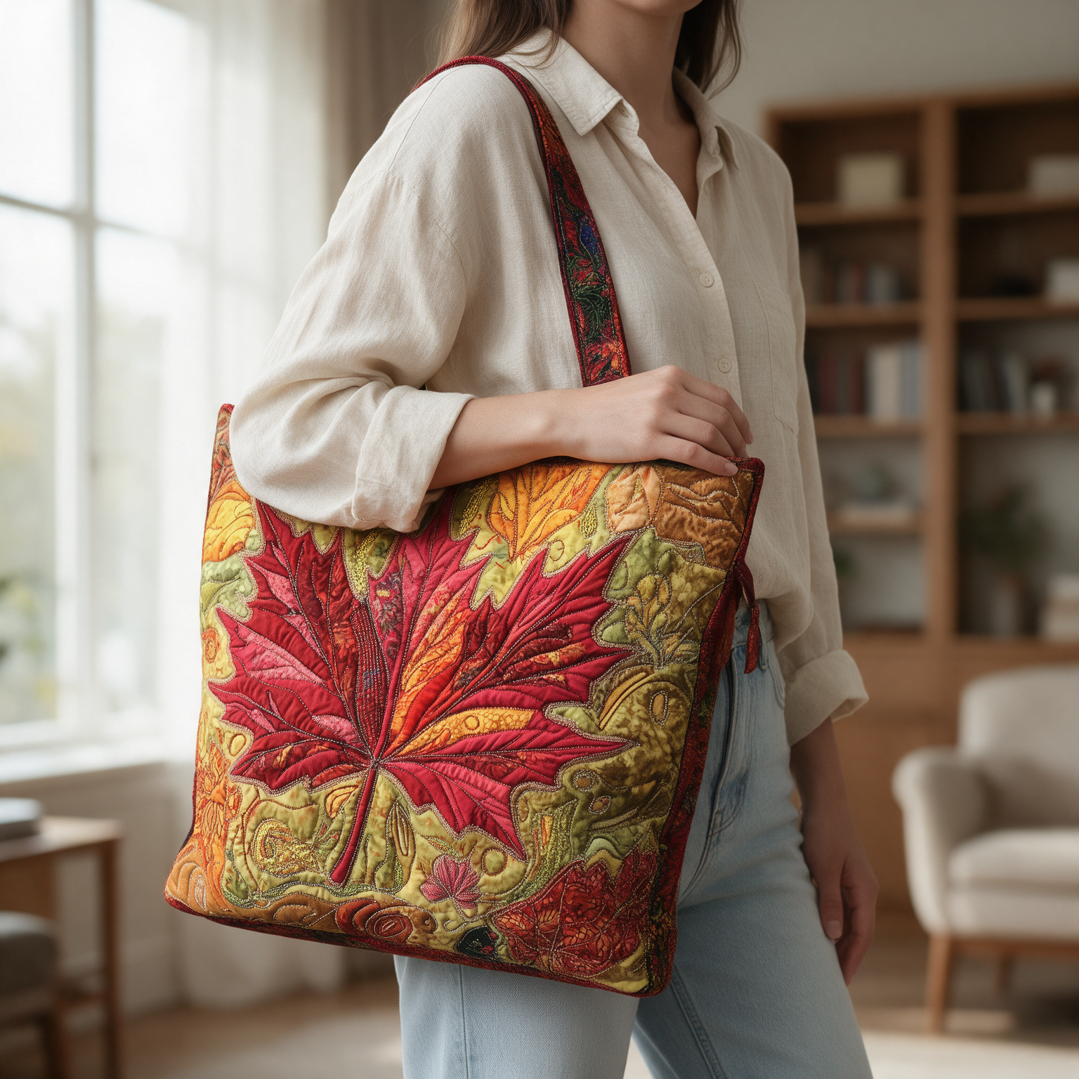 Autumn quilted tote bag worn on the shoulder