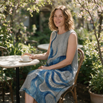 Leonie spring dress three quarter view at an outdoor cafe
