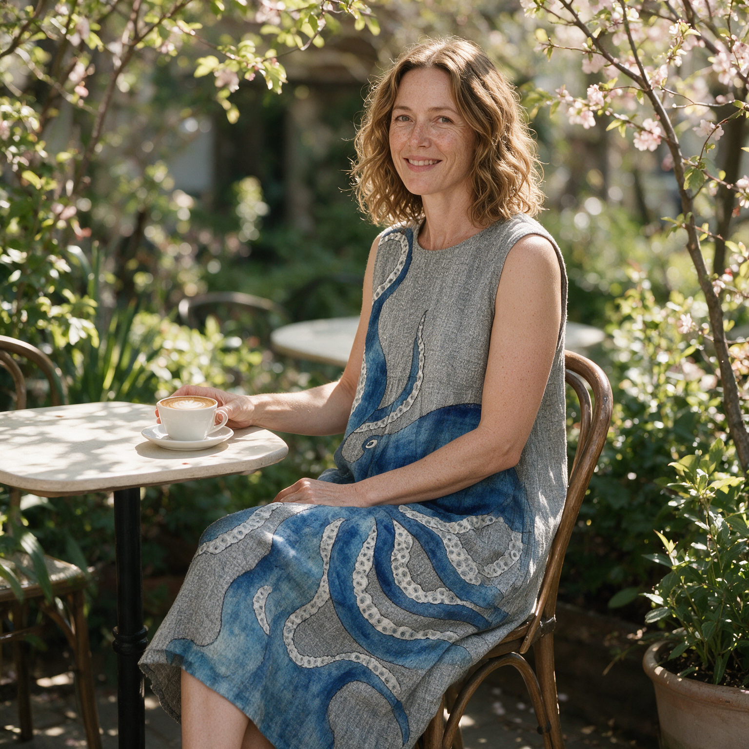 Leonie spring dress three quarter view at an outdoor cafe