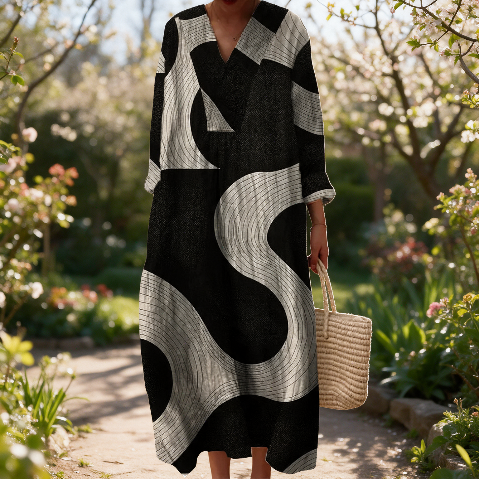 Melinda spring dress in a sunlit garden