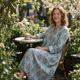 Wanda spring dress three quarter view at an outdoor cafe