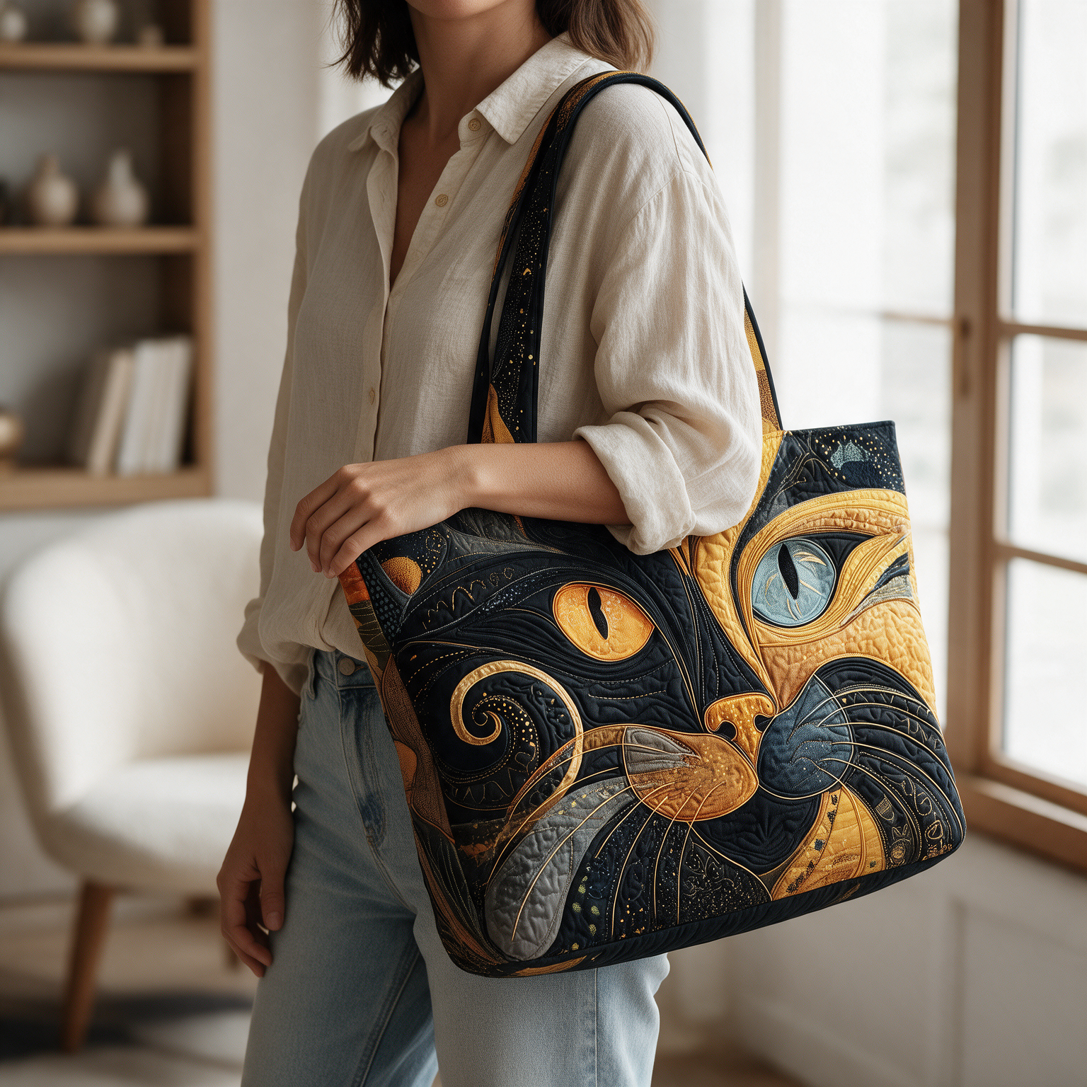 Maree quilted tote bag worn on the shoulder