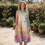 Brunelle spring dress front view on garden terrace