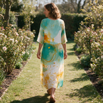 Tahlia spring dress back view on a garden path