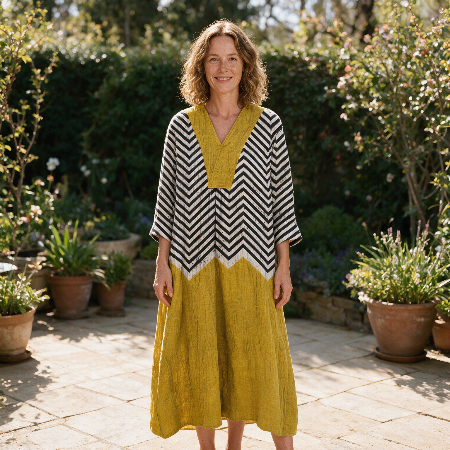 Matilda spring dress front view on garden terrace