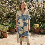 Sandra spring dress front view on garden terrace