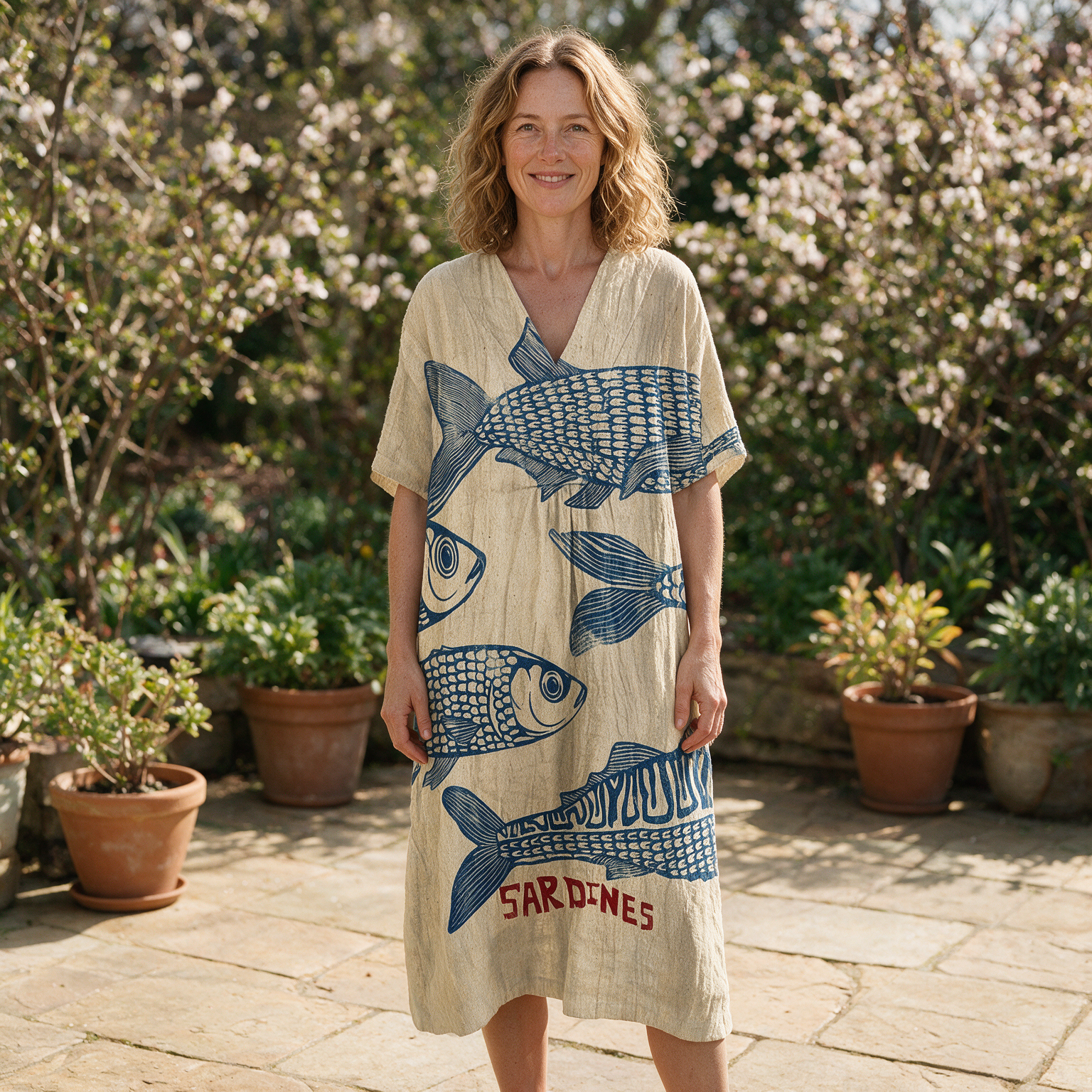 Sandra spring dress front view on garden terrace