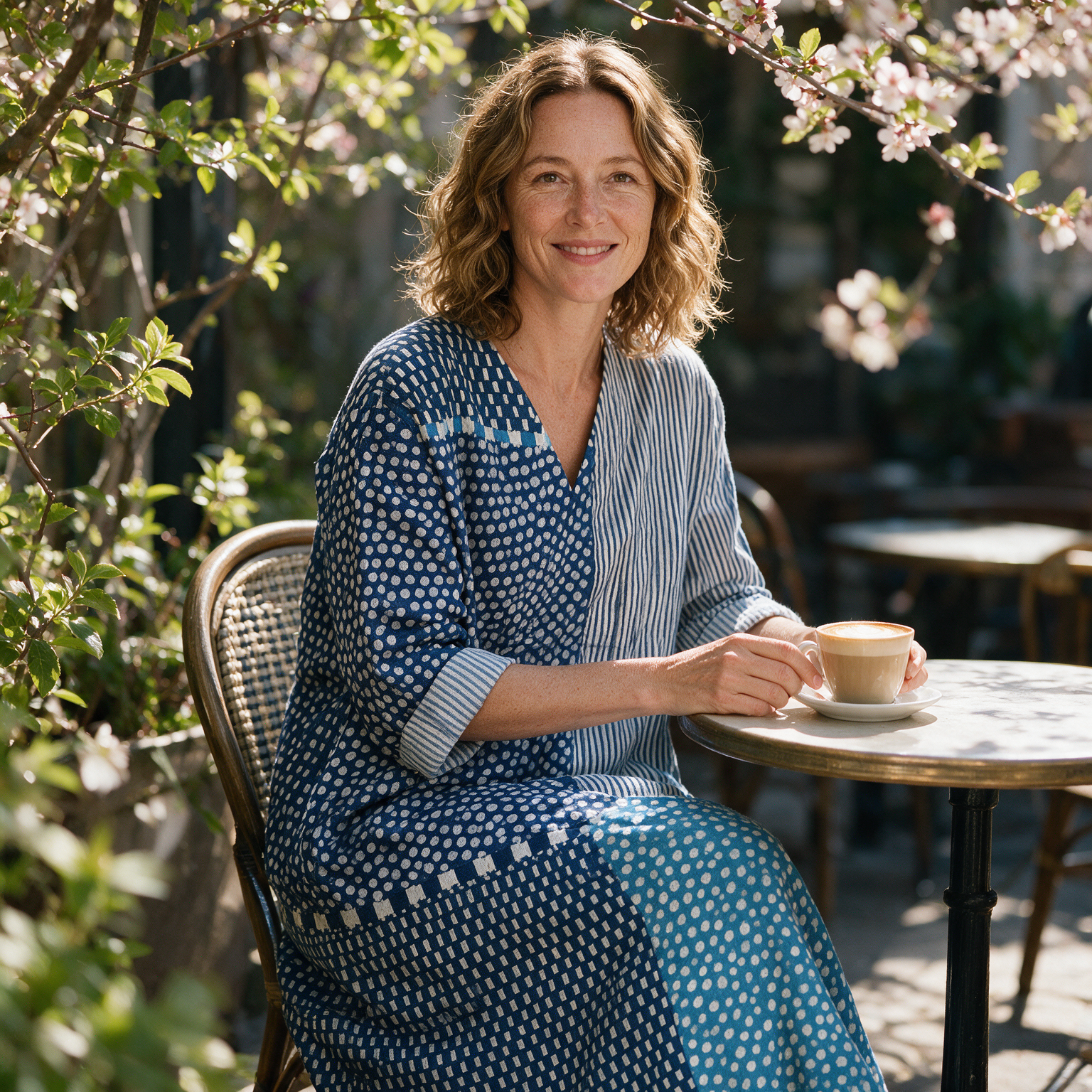 Bronte spring dress three quarter view at an outdoor cafe