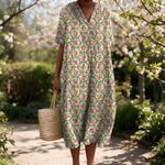 Ginny spring dress in a sunlit garden