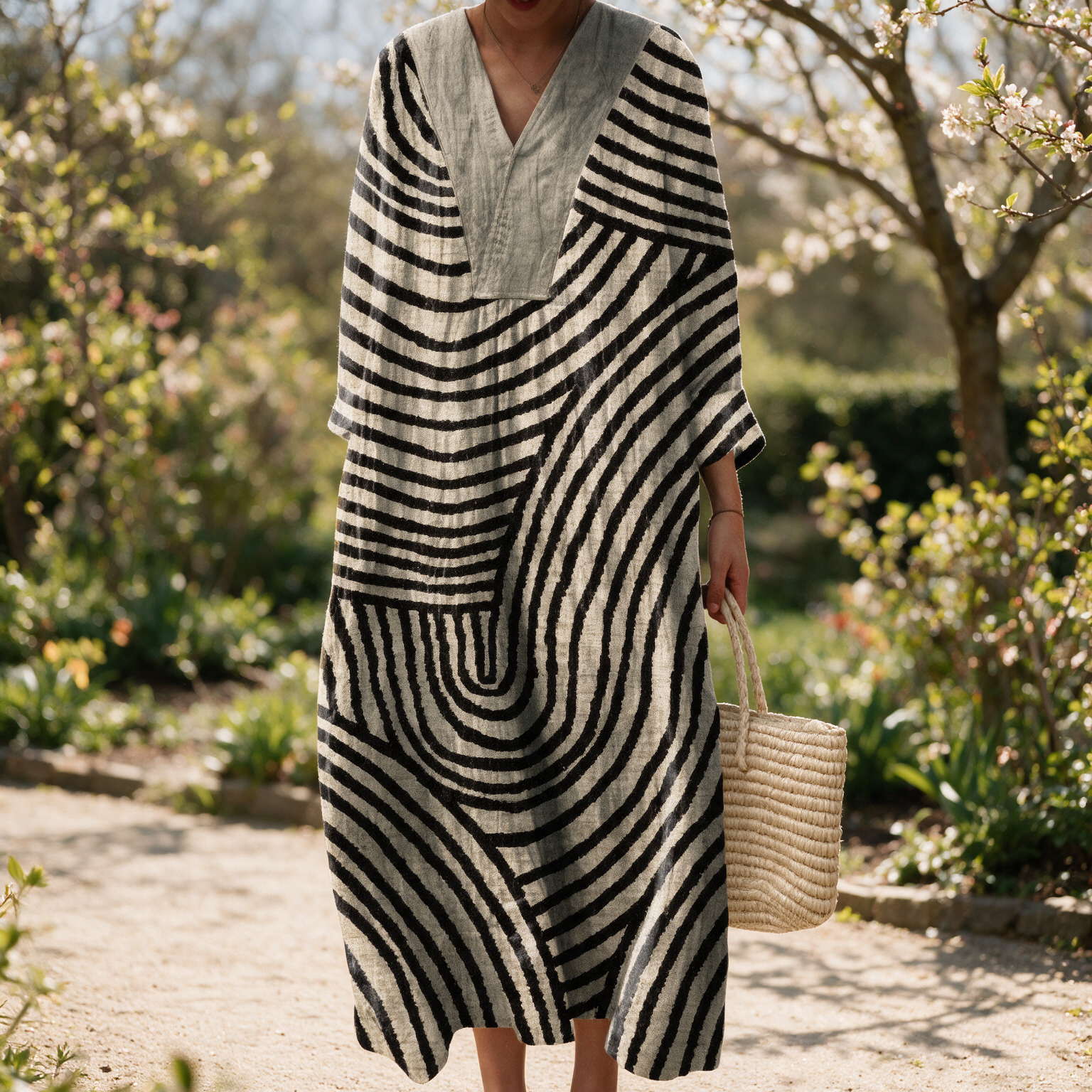 Sienna spring dress in a sunlit garden