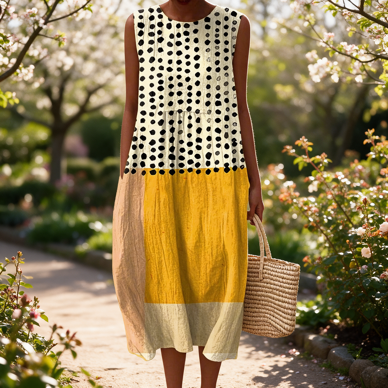 Simone spring dress in a sunlit garden