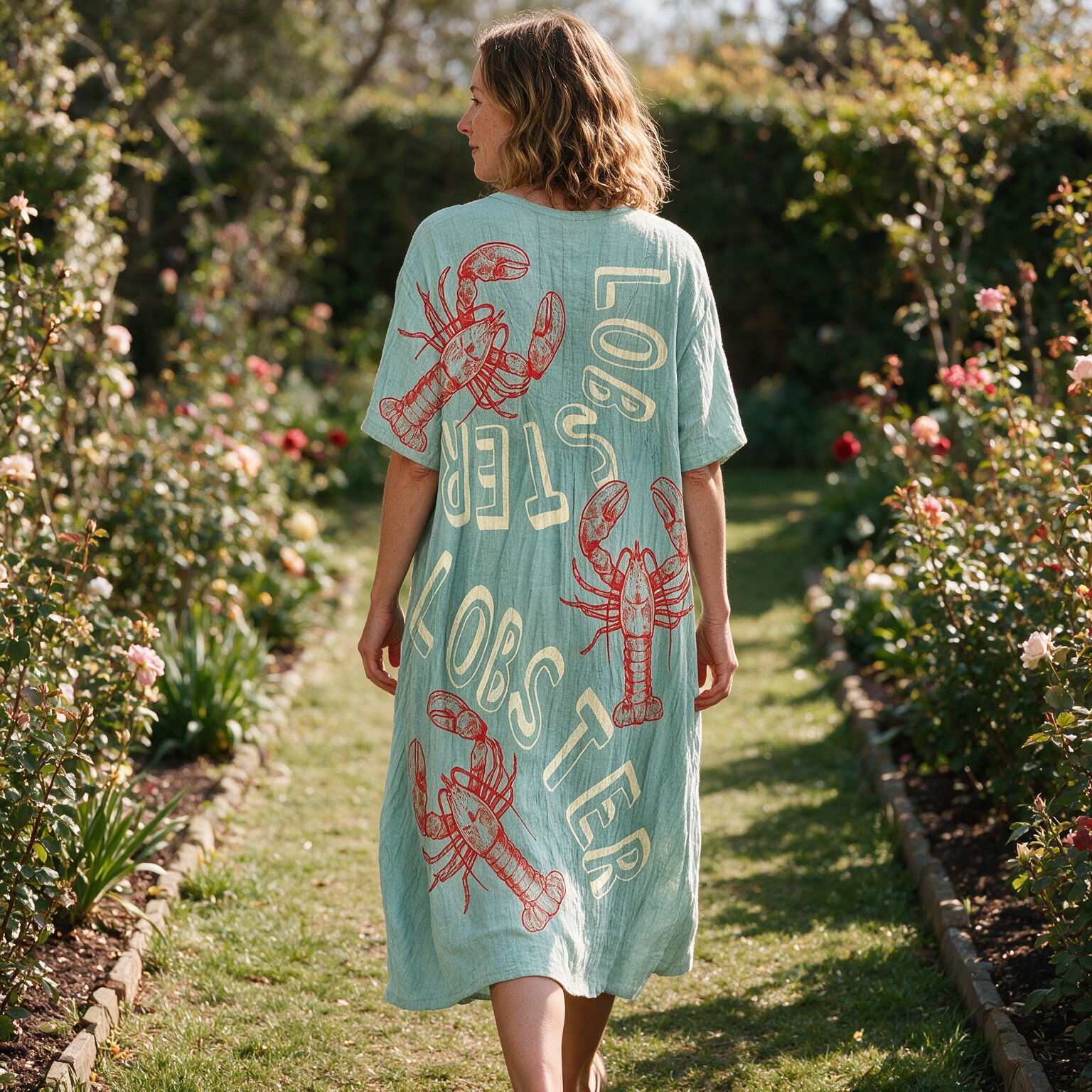 Kate spring dress back view on a garden path
