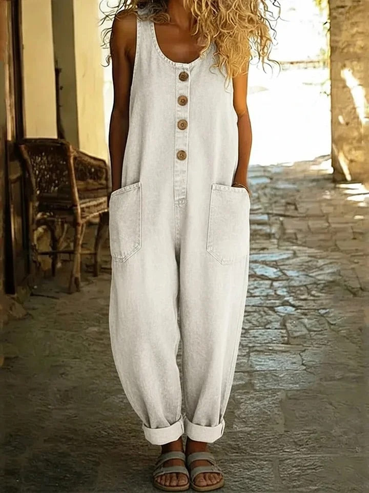 Isla - Vintage Washed Denim Cotton Jumpsuit