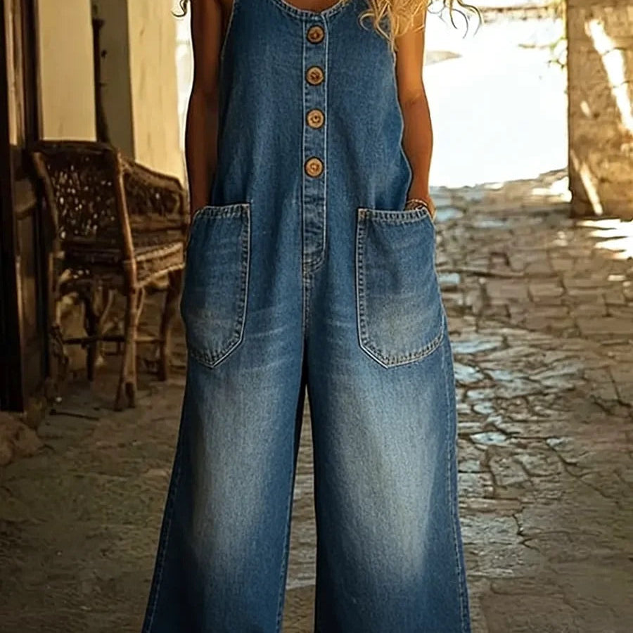 Isla - Vintage Washed Denim Cotton Jumpsuit