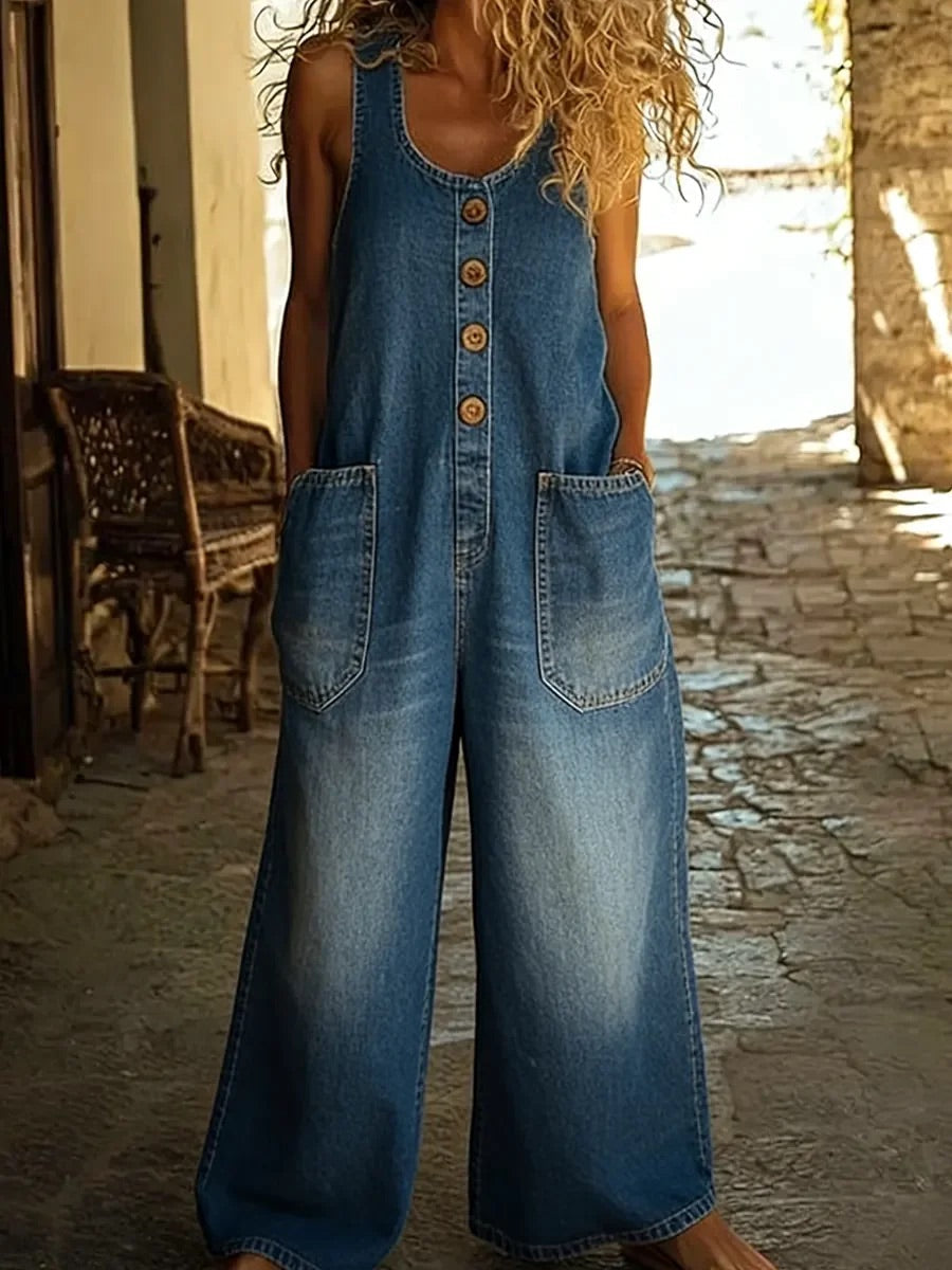 Isla - Vintage Washed Denim Cotton Jumpsuit