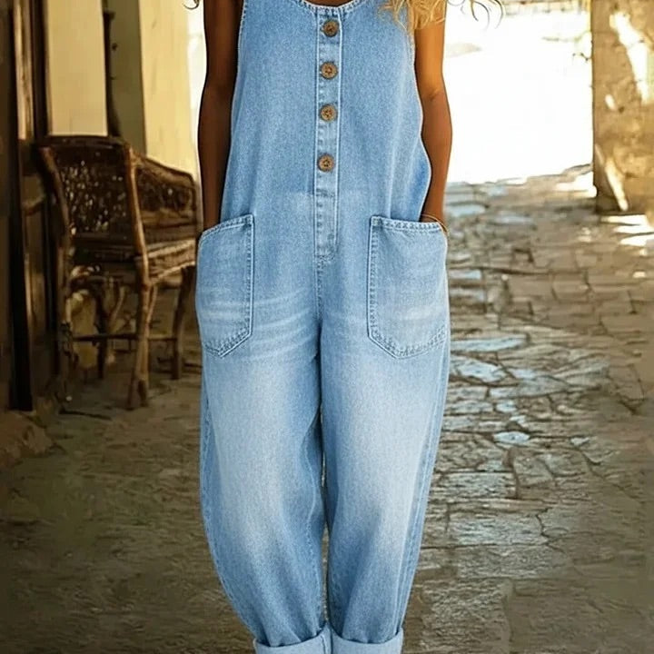 Isla - Vintage Washed Denim Cotton Jumpsuit