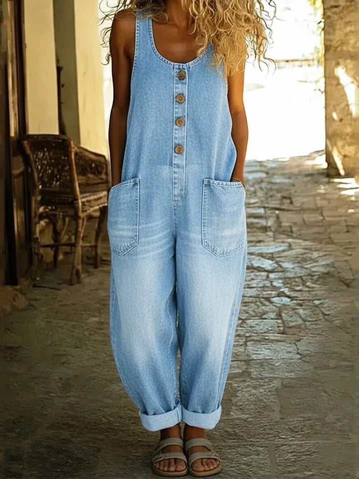 Isla - Vintage Washed Denim Cotton Jumpsuit