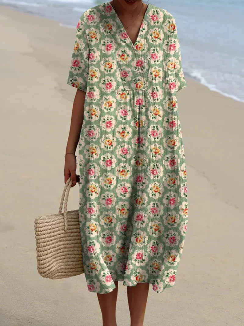 Molly - Retro Floral Dress in Aqua Green