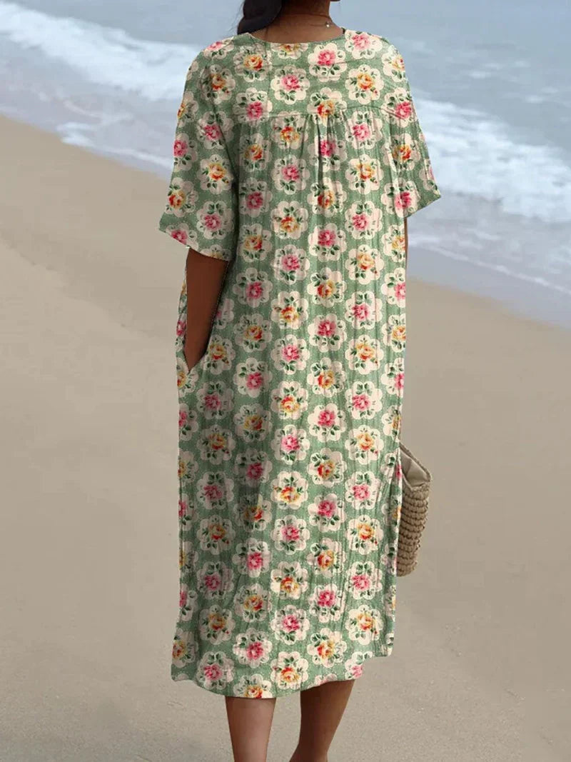 Molly - Retro Floral Dress in Aqua Green